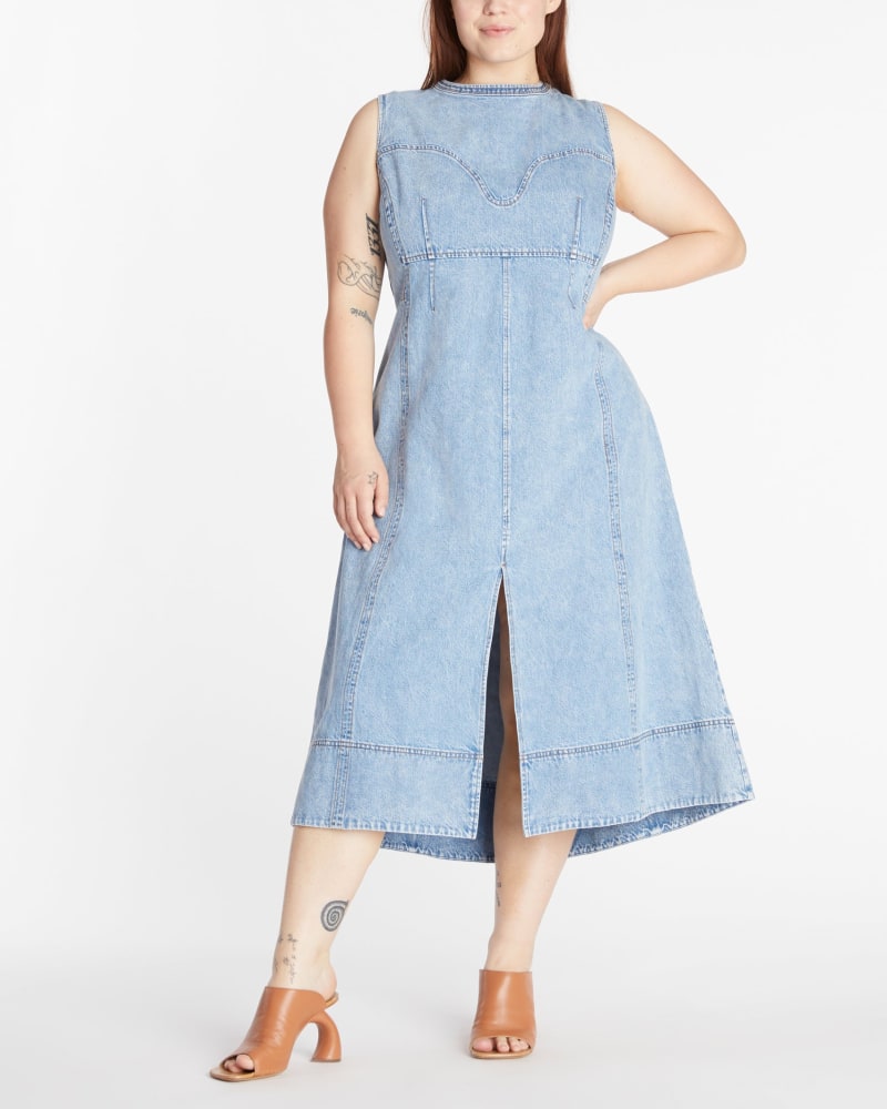 Front of a model wearing a size 10 Marion Dress in True Blue Acid Indigo by Tanya Taylor. | dia_product_style_image_id:322350